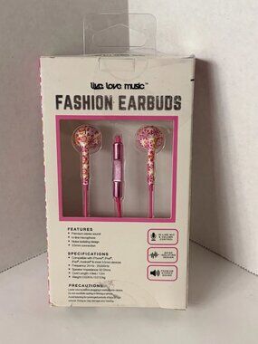 Fashion Earbuds Wired, Flowers Pink Design, 4 Feet, Live Love Music, NEW